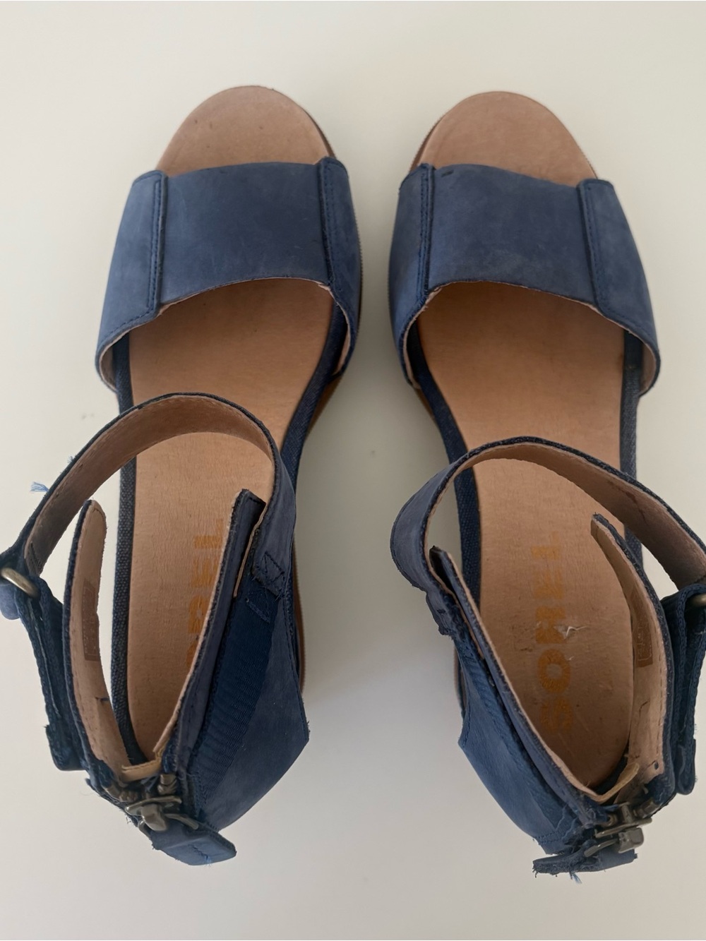 Sorel Joanie II Full Grain Leather Sandal Wedges Blue Tan Women Size 8 - Picture 4 of 8